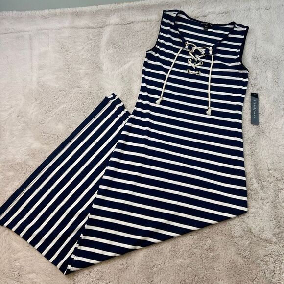 Womens Summer Boho Maxi Dress Tribal femme Size XS Navy Stripe Gold Tie Tassel - Picture 2 of 12